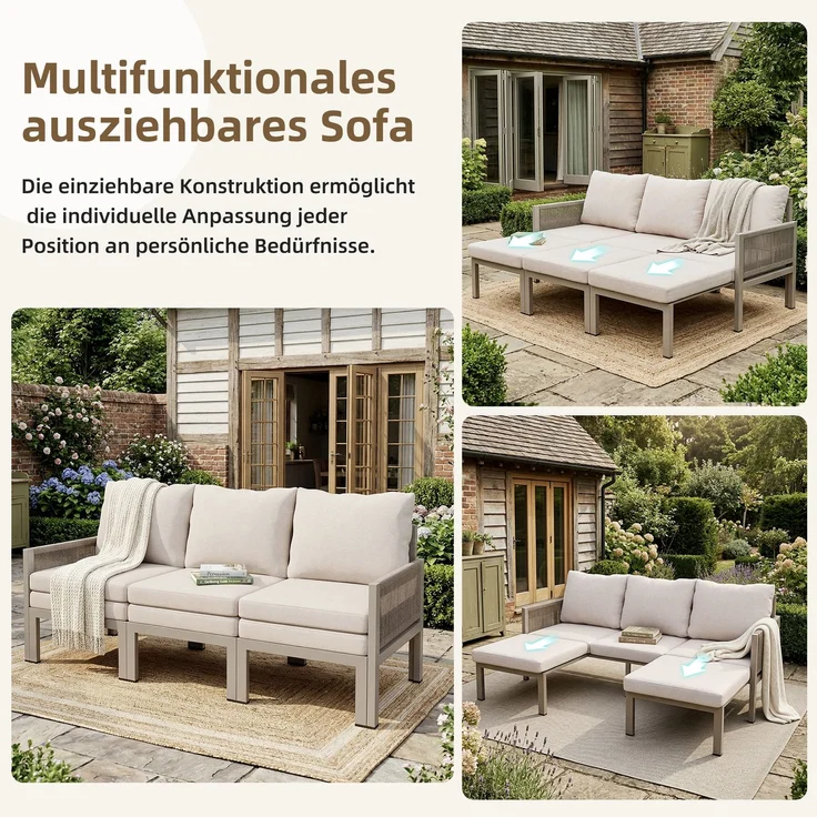 Merax Gartenmöbel-Set, Outdoorsofa, 3-Sitzer-Sofa, Multifunktionales Sofa, lässt sich in einen Liegesessel verwandeln, verzinktes Eisen, Khaki – Bild 5