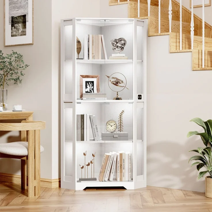 Eckvitrine 60x165x60 cm, Curio-Schrank mit 4 Regalböden, LED-Beleuchtung und Körpersensor, Weiß – Bild 2