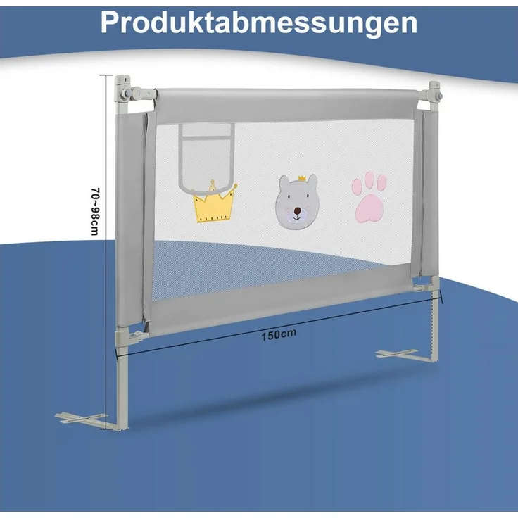 Clanmacy Bettschutzgitter Bettgitter 150cm Kinderbett Kinderbettschutzgitter Rausfallschutz (und strapazierfähigem Polyester Canvas Material 150-200cm), aus Metall