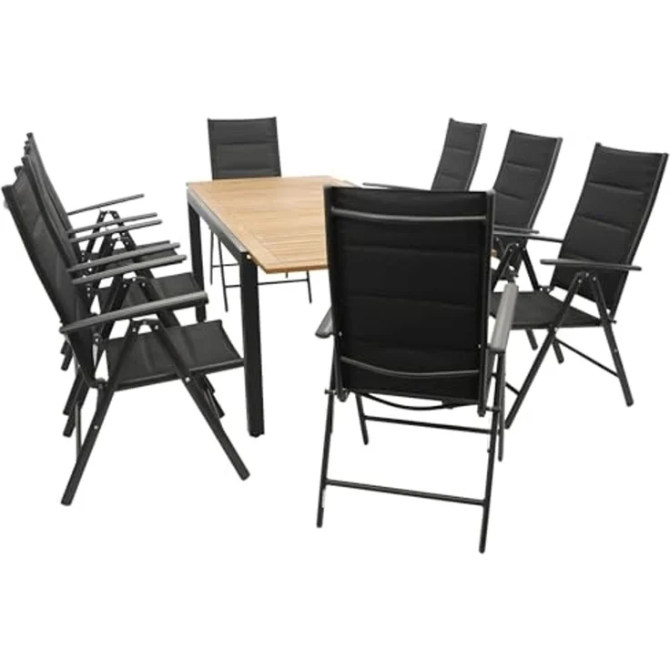 DEGAMO Garten-Essgruppe MILOS 9-teilig, 8x Klappsessel, 1x Ausziehtisch 150/200x90 cm, Alu anthrazit + Akazie – Bild 2