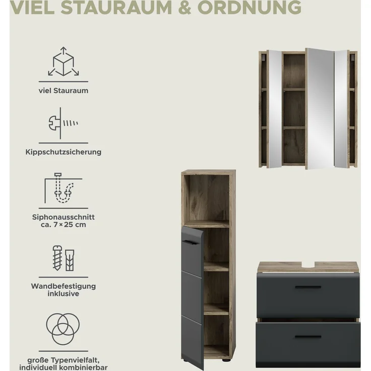Badkombination (B/H/T: 105x185x30 cm) in schwarz matt und Nox Oak Nachbildung – Bild 9