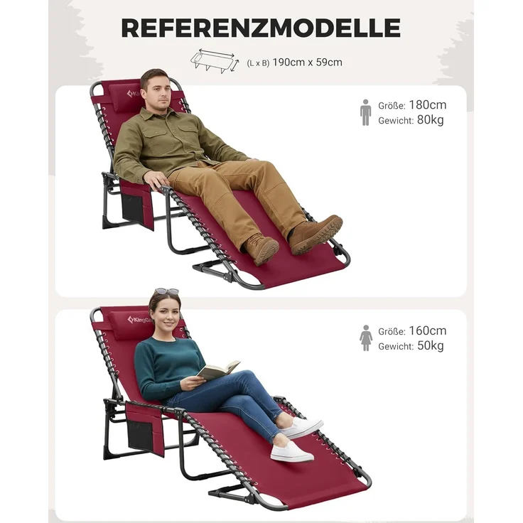 KingCamp Campingliege Sonnenliege Gartenliege klappbar 5-Stufig Verstellbarer Rückenlehne Liege Gartenstuhl Strandliege Camping Klappbett mit Kopfkissen für Garten Urlaub Outdoor Strand Pool – Bild 10