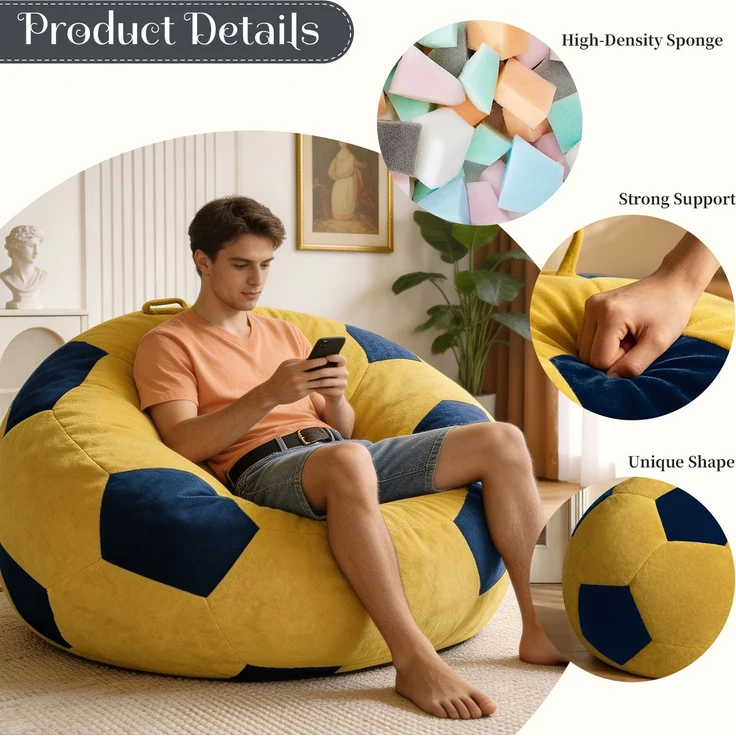 Großer, fußballförmiger Sitzsack, mehrfarbige Ziernähte, bequemes Sofa zum Entspannen im Schlafzimmer, Wohnzimmer oder in der Leseecke, ideal für Erwachsene und Jugendliche – Blau + Gelb – 52 x 43,5 x 31,5 cm – YOUDENOVA – Bild 3