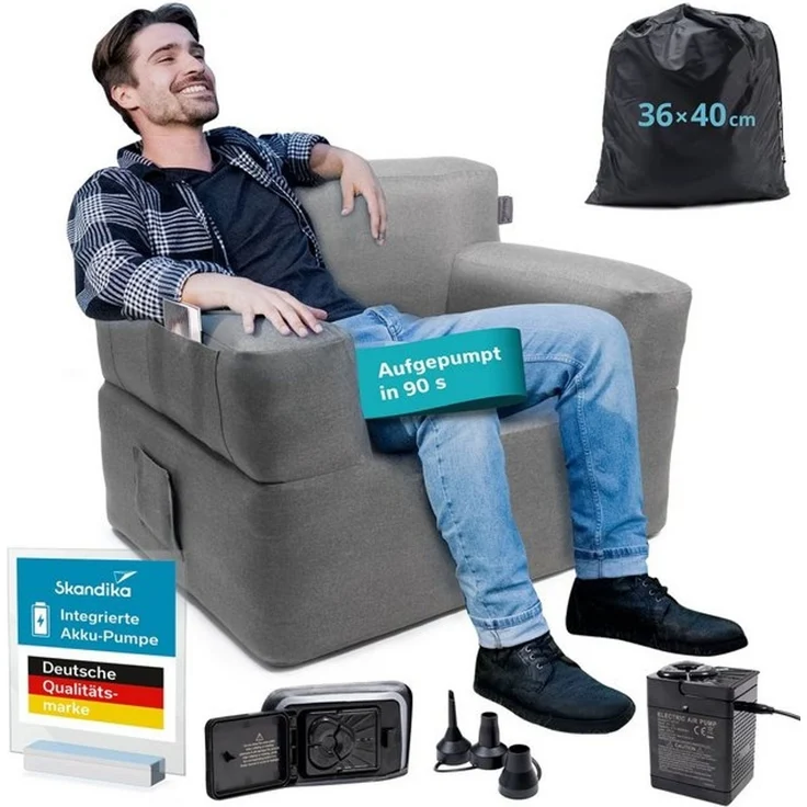 Skandika Luftsofa Easy Air Premium, Aufblasbares Sofa Outdoor, Tragetasche, (Bezug abnehmbar, Maschinenwäsche, Schonprogramm 30 °C, mit Tragetasche), 1 Person, mit Elektropumpe, USB-C Ladekabel, 200 kg belastbar – Bild 4