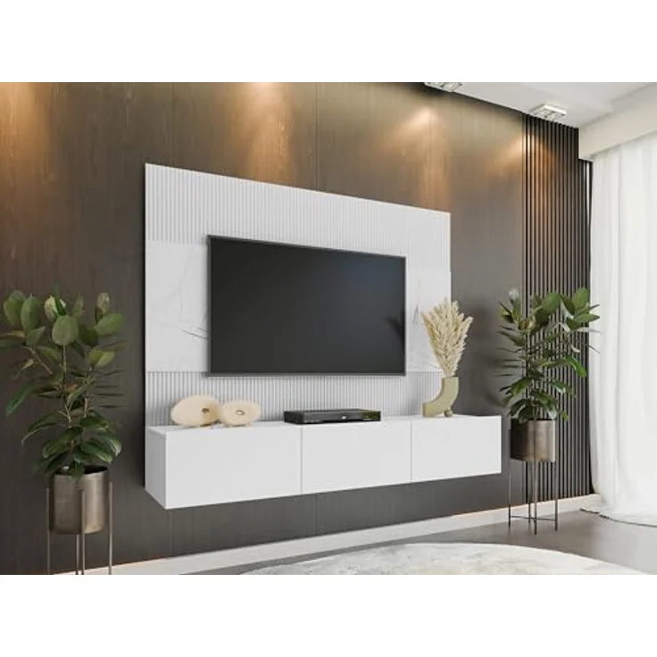 Mirjan24 Wohnwand, Weiß, Holzwerkstoff in Marmor Optik, 180x150x38 cm, mit griffloses Öffnungssystem und Topfscharniere – Bild 2