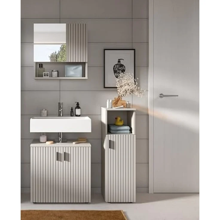 xonox. home – Badkombination Mone 105x180x30 cm in Kaschmir Nachbildung – 3-teiliges Set inkl. Waschbeckenunterschrank, Spiegelschrank & Badschrank – Stilvolle Einrichtungslösung mit kompakten Maßen – Bild 6