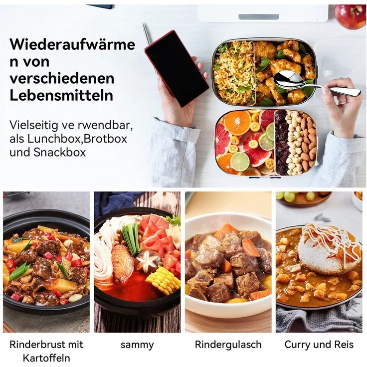 Senmudi Lunchbox Elektrische Lunchbox 3-in-1 für Auto LKW und Arbeit, 220 V +12 V, Edelstahl, 1,5 l 40 W, tragbare elektrische Dose