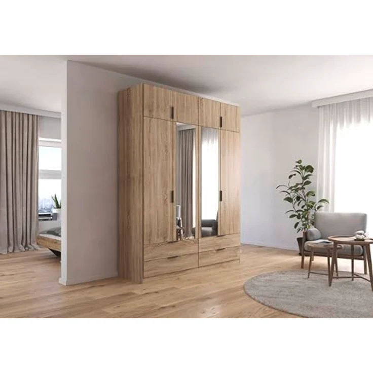 Rauch Möbel Lagoa, Kleiderschrank, Garderobe für Schlafzimmer, Kinderzimmer, Jugendzimmer 8-türig, mit Spiegel, 4 Schubladen, mit Zubehör Classic, Farbe Eiche Sonoma, Holz, Breite 181 – Bild 3
