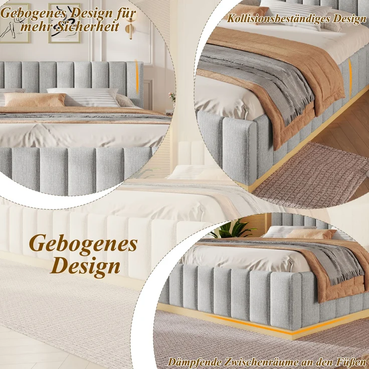 Polsterbett, Doppelbett, 180 x 200 cm, Bett mit Lattenrost, Kopfteil,Gepolstertes Kopfteil, Ohne Matratze, Grau Chenille – Bild 8