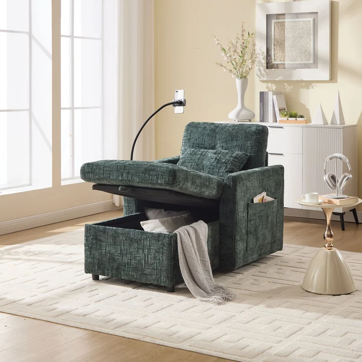 Loungesofa mit integriertem Handyhalter, großem Stauraum & Seitentaschen, Chenille Stoff-Sessel mit gepolsterten Kissen,Smaragd – Bild 2