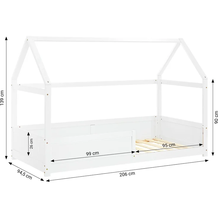 Kinderbett 90x200 cm Bodenbett Hausbett Holzbett Rausfallschutz Montessori Bett Weiß Kleinkinderbett Lattenrost – Bild 3