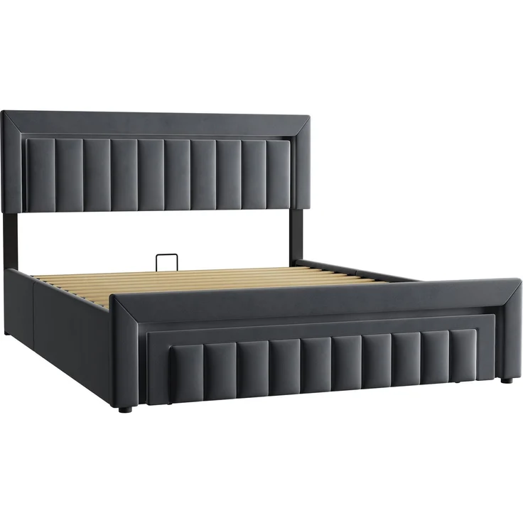 Polsterbett 160x200 cm mit LED-Beleuchtung, Samtbezug und Schubladen, Dunkelgrau – Ohne Matratze – Bild 7