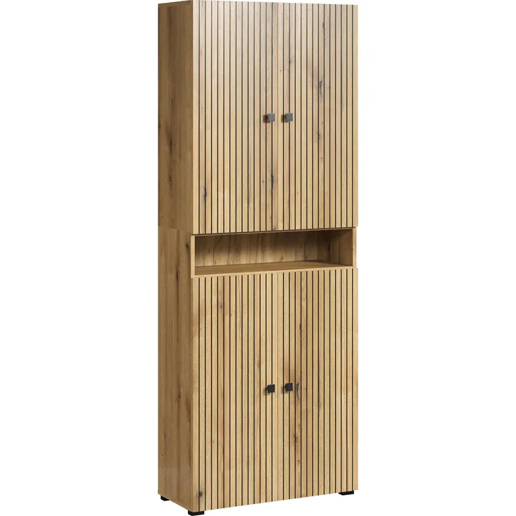 trendteam smart living - PureBliss - Waschbeckenunterschrank - Eiche - Waschtisch mit 3 offenen Fächern - (BxHxT) 90 x 91 x 53 cm - Rillenoptik - edle Metallgriffe - 60 cm Aufsatzwaschbecken