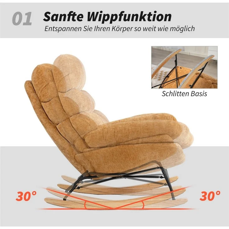 HOMCOM Schaukelstuhl Schaukelsessel mit Rückenlehne, gepolstert Relaxsessel Lesesessel (Schwingstuhl, 1 St), für Wohnzimmer, Schlafzimmer, Gelb – Bild 4