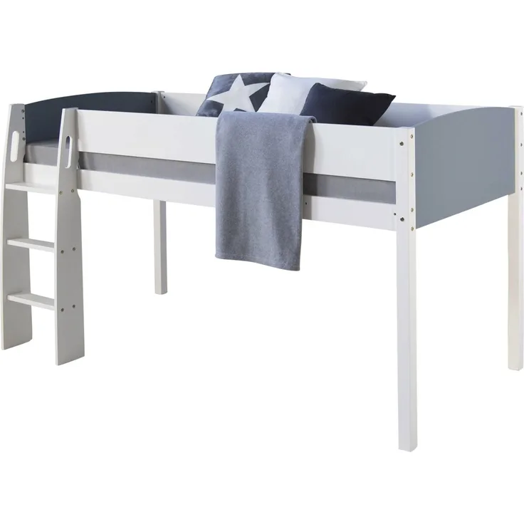 Hochbett Spielbett Kinderbett Leiter 90x200 massiv Jugendbett weiß grau