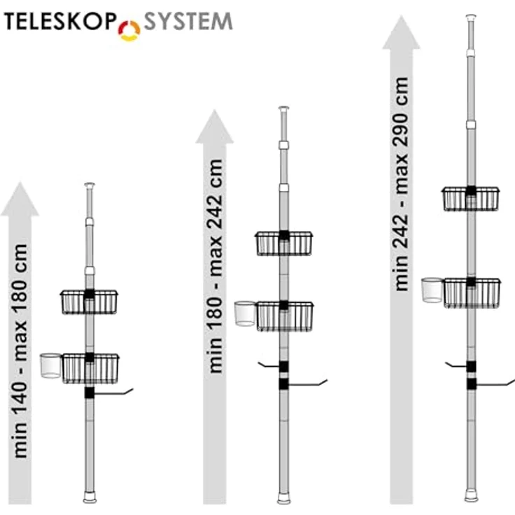 bremermann Teleskopregal 2 Körbe, 2 Handtuchstangen, Teleskop-Stange bis max. ca. 290 cm, grau – Bild 7