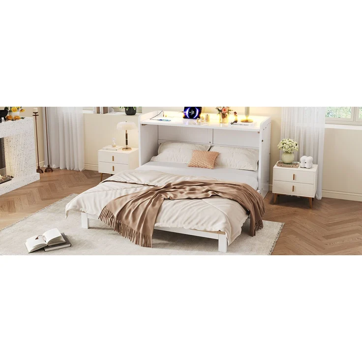 TavilaEcon Schrankbett mit USB, Steckdose, LED-Lichtleiste und Hochglanzplatte weiß Liegefläche 140 × 200 cm – Bild 2