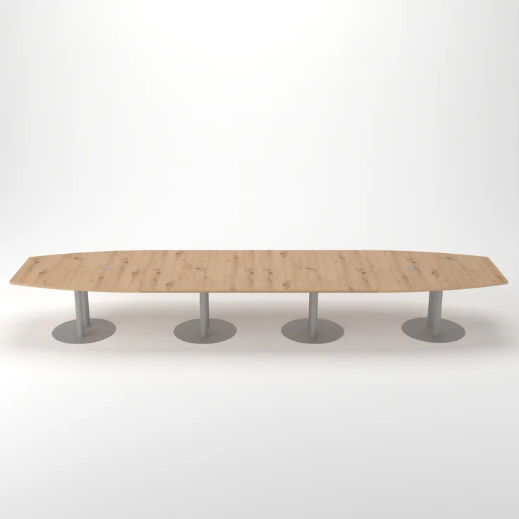 Rheinland Möbel Konferenztisch KONTI 520x130 cm – ovaler Besprechungstisch in Asteiche mit silbernen Säulenfüßen & 2 Kabelauslässen, erweiterbarer Meetingtisch für 16–18 Personen, moderner XXL-Tisch fürs Büro