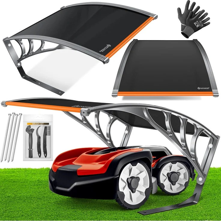 KESSER® Mähroboter Garage Dach Carport Überdachung für Mähroboter Rasenmäher Rasenroboter Automower Garten Witterungsbeständig Mährobotergarage inkl. Montagematerial, Maße 82 x 103 x 47 cm Orange / Schwarz