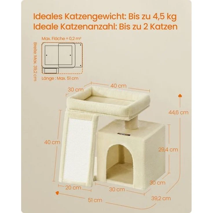 FEANDREA Kleiner Katzenbaum, Kratzbaum mit Kratzbrett, Katzenhöhle und Plattform, beige – Bild 5
