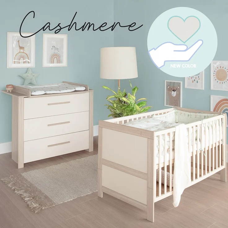 roba Babymöbel Set 2-teilig Momo - Kinderbett 70 x 140 cm umbaubar + Wickelkommode mit 3 Schubladen - Griffe aus Massivholz- Cashmere/ Tristan Eiche – Bild 5