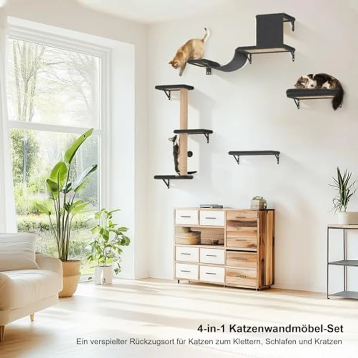 FUKUMARU Kletterwand Katzen Set, 10-teilig Katzen Kletterwand Set, aus robuster Multiplexplatte，Hängematte Katze mit Katzenhaus, Katzenbrücke, Katzenbaum, Katzentreppe bis zu 18 kg, Grau – Bild 3