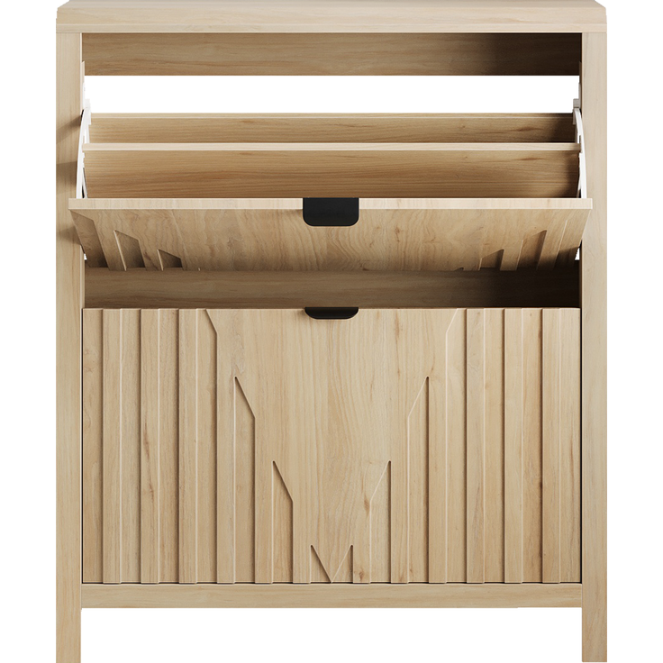 Schuhschrank aus MDF und Massivholz mit 2 Klappfächern, Eichenoptik und geometrischer Front,H 95 x T 80 x B 24 cm – Bild 6