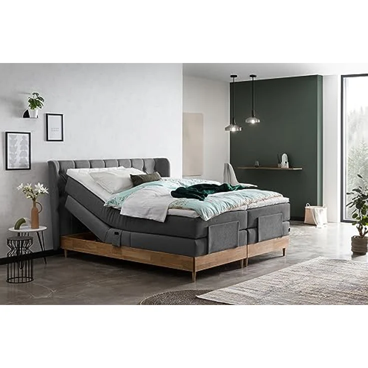 Belanoti Boxspringbett EON (Boxspringbett 180x200 elektrisch verstellbar Bett 180x200 mit Motor, 7-Zonen Taschenfederkern Matratze inklusive Visco Topper), in der Farbe Anthrazit H2/H3 Polsterbett Motorbett mit Eiche – Bild 10