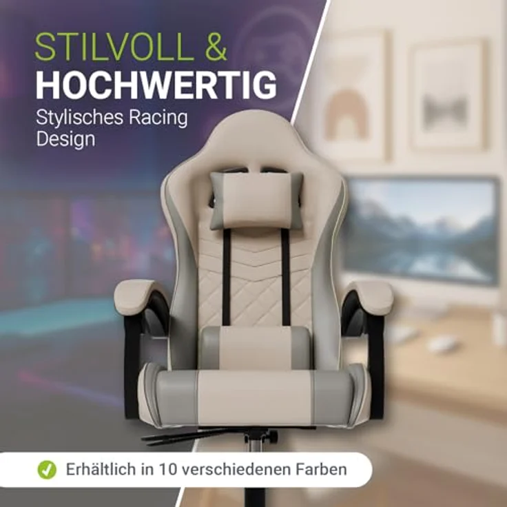 Juskys Gamingstuhl HyperSeat, verstellbare Rückenlehne, höhenverstellbarer Drehstuhl, Kunstleder, ergonomisch, für Büro & Gaming Setup – Beige/hellgrau – Bild 6