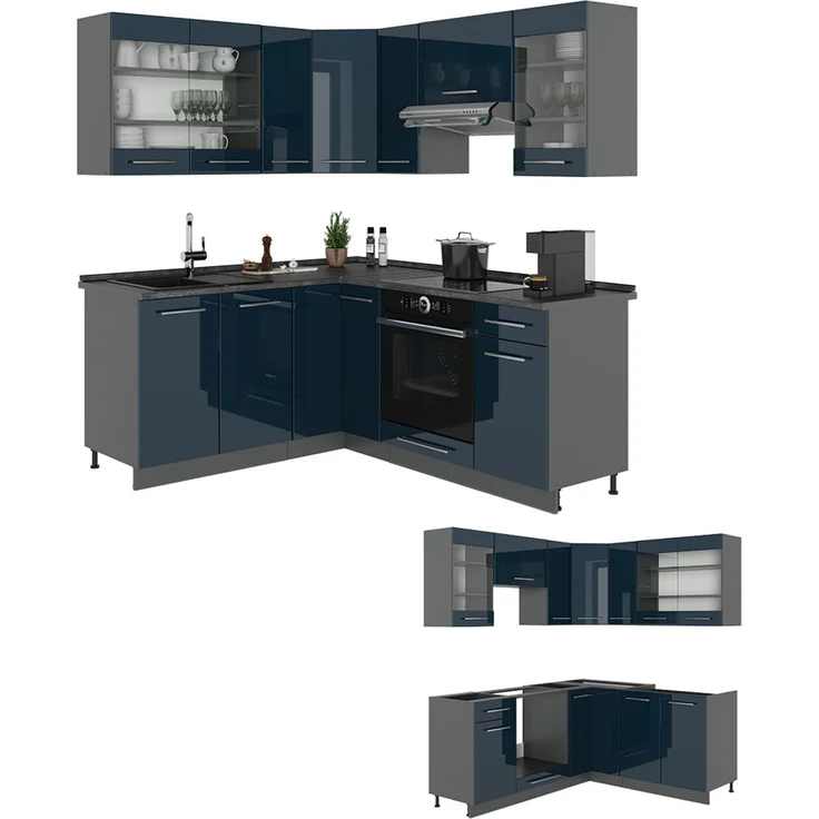 Eckküche Fame-Line Dunkelblau Hochglanz/Anthrazit 190 x 160 cm ohne Arbeitsplatte Vicco – Bild 6