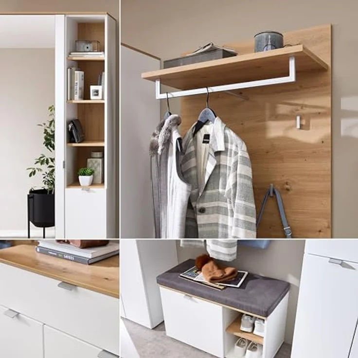 XXXL Garderobe Bari, 5-teilig in Weiß und Eiche Artisan, mit Glas, Textil und Holzwerkstoff, 264x202x38 cm, inkl. Spiegelflächen und Sitzgelegenheit – Bild 5