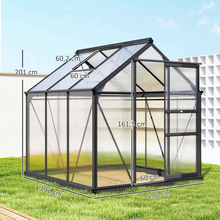 Outsunny Gewächshaus, Aluminiumlegierung, Polycarbonat, Grau, 190L x 192B x 201H cm – Bild 3