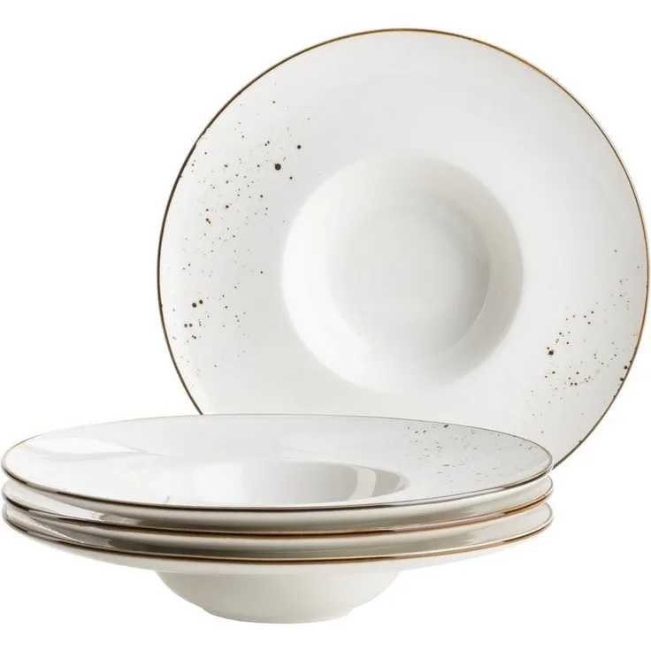 MÄSER Serie Pintar, hochwertiges Gourmetteller-Set, 4-teilig mit Ø 26 cm, breiter Tellerrand, mit heller Glasur, visuellen braunen Sprenkeln und feinem Rand im Vintage Look, Porzellan