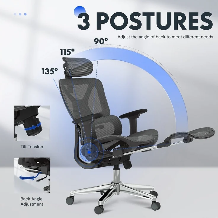 FLEXISPOT Bürostuhl Schreibtischstuhl Premium Ergonomischer C7 (Rückenlehne verstellbar 90°-135°, 3D-Armlehnen, 3D-Kopfstütze, 5D-verstellbare Rückenlehne), Chef-Mesh-Bürostuhl, 130KG Tragkraft, mit ausklappbarer Fußstütze – Bild 3