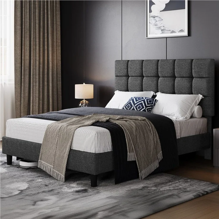 Yaheetech Polsterbett, 160x200 cm, mit höhenverstellbarem Kopfteil und Lattenrost, Dunkelgrau – Bild 1