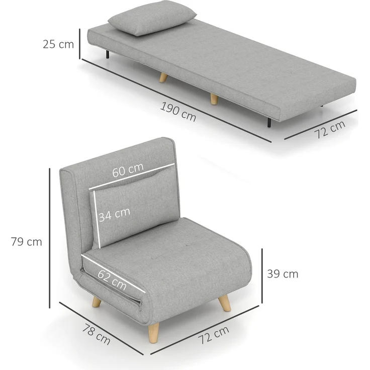 HOMCOM Relaxsessel mit Bettfunktion, verstellbare Rückenlehne, bis 150 kg Belastbar, Hellgrau, 72 x 78 x 79 cm – Bild 3