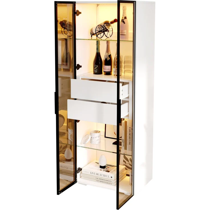 DESVIAE Vitrine mit LED-Beleuchtung und 2 Schubladen 60x160x40 cm MDF/Hartglas Weiß/Schwarz – Bild 7