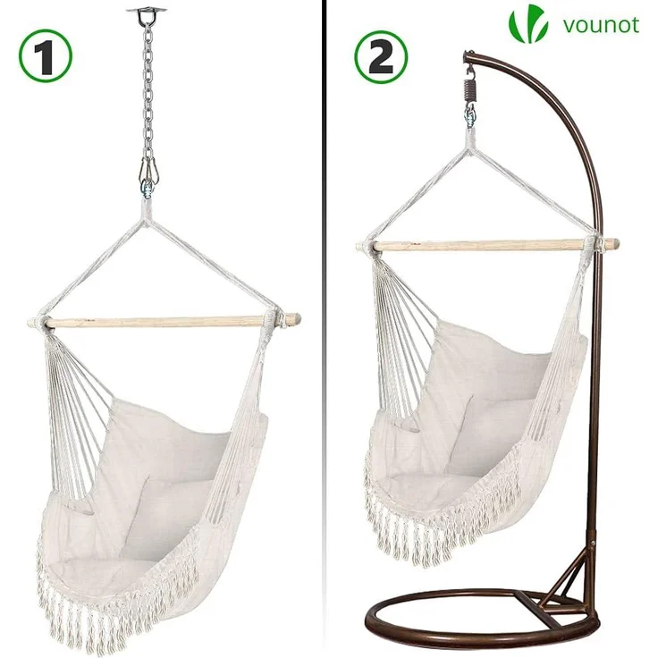 VOUNOT Hängesessel mit 2 Kissen & Bücherfach, Hängestuhl XXL Hängematte Hängeschaukel für Indoor Outdoor Garten, Beige – Bild 5