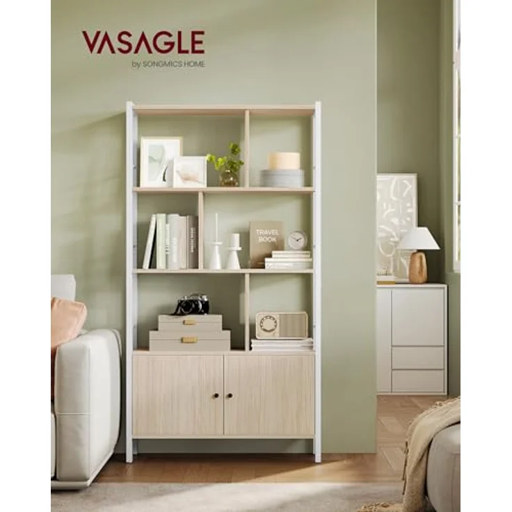 VASAGLE Bücherregal, Bücherschrank mit 4 offenen Regalebenen, Regal, Standregal, geräumiger Wohnzimmerschrank, Küche, Büro, Stahlgestell, modern, naturbeige-wolkenweiß LBC022LL01 – Bild 3