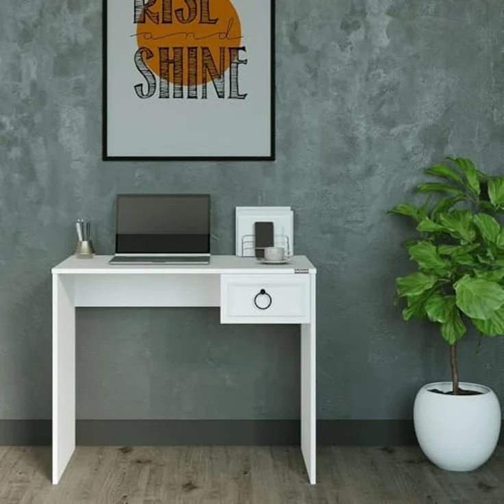 Modern Study Desk, White, 90 x 75 x 51 cm | 100% Melamine Coated Particle Board, 16 mm Thickness | Features Multiple Shelves & Drawer, Stylish & Functional – Bild 1
