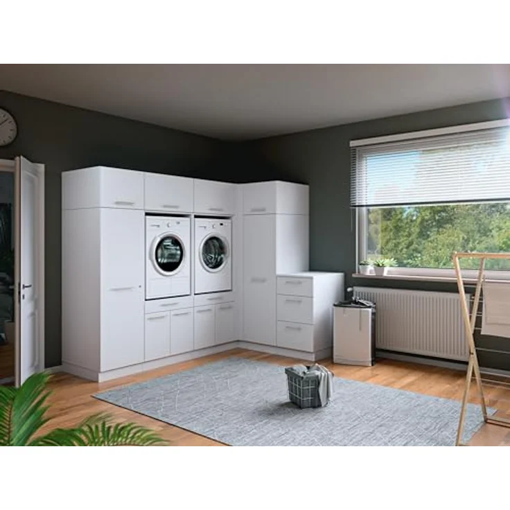 Laundreezy Waschraum Komplett-Set, Weiß - Modulares Schranksystem für Waschküche & Hauswirtschaftsraum - 253 x 200 x 68 cm (B/H/T) – Bild 8