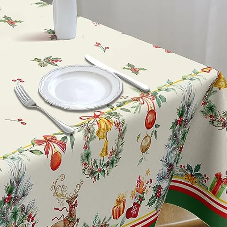 Rechteckige Weihnachtstischdecke, 152,4x213,4 cm, Weihnachtsbaum, Elch, Urlaubsdekoration, Tischdecke, Polyester, wasserdicht und knitterfrei, langlebig, Weihnachtstischdecke für Küche, Winter und – Bild 7