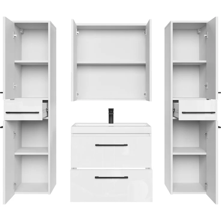 Badplaats Badmöbel Komplettset Florence XL 60 x 35 cm Hochglanz Weiß - Badezimmermöbel mit Waschbecken, Spiegelschrank und 2 Hochschränke – Bild 3