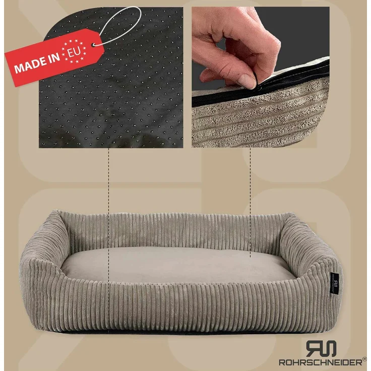 ROHRSCHNEIDER Hundebett - Cord, Hundekorb, Tierbett, Wendekissen, Bezug waschbar, rutschfest Taupe 15x70x49cm – Bild 2
