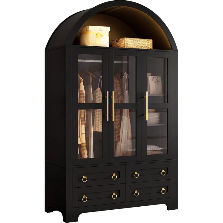 Kleiderschrank 110x50x186 cm in Schwarz mit 3 Glastüren, 4 Schubladen und App-LED – Bild 9