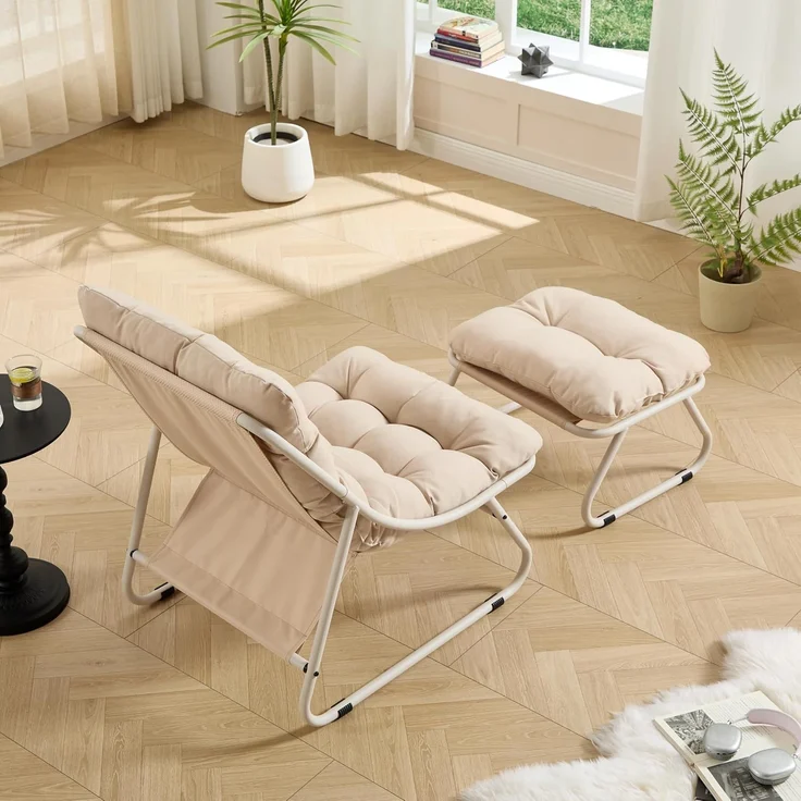 LVHOM Sessel mit Hocker, Gepolsterter Loungesessel aus Cord mit Metallgestell, ergonomischer Relaxsessel für Wohnzimmer und Schlafzimmer, Beige – Bild 5