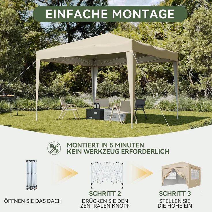Aoxun Pop Up Pavillon 3x3 Wasserdicht mit 4 Seitenwänden, Metallrahmen-Schutzzelt, Höhe Verstellbar, 3mx3m Faltpavillon mit Tragetasche für Camping Party, Beige – Bild 7