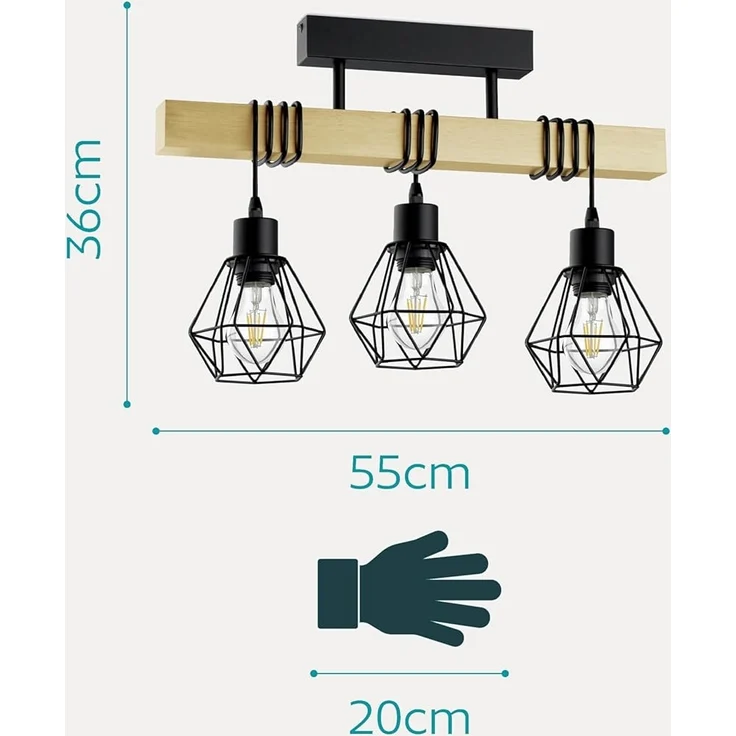 Eglo 43131 Hängeleuchte TOWNSHEND 5 Stahl schwarz, Holz braun E27 3X40W L:55cm B:20cm H:36cm dimmbar – Bild 5