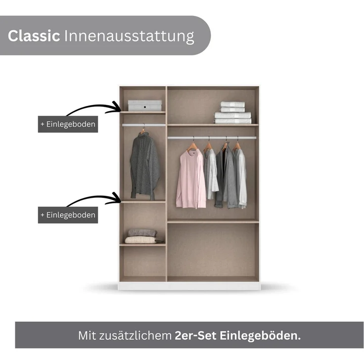 Rauch Möbel Costa, Kleiderschrank für Schlafzimmer, Kinderzimmer, Babyzimmer, Garderobe, Flur, 3-türig, 2 Schubladen, Push-to-Open, mit Zubehör Classic, Farbe Grau metallic, Schwarz, Breite 136 cm – Bild 2