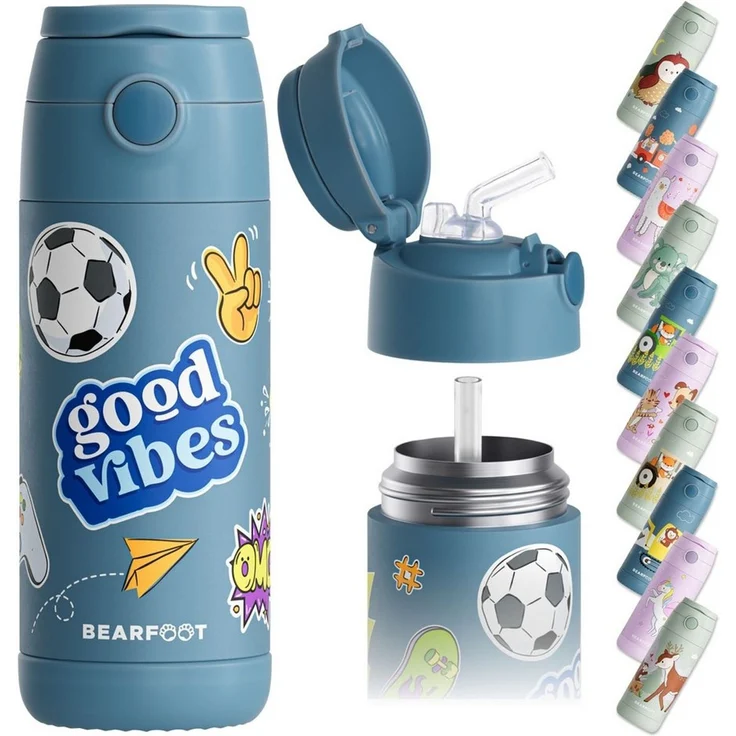 BEARFOOT Trinkflasche Thermo Kinder Trinkflasche Edelstahl - Sticker blau, Thermosflasche, auslaufsicher, Edelstahl, Kinderflasche, BPA-frei – Bild 1